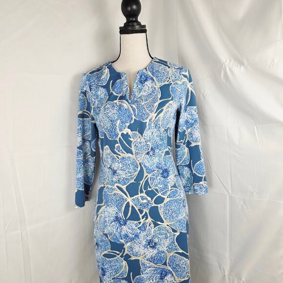 J.McLaughlin Dress Womens XS Blue Floral Sheath Stretch 3/4 Sleeve Knee Length - Picture 3 of 10